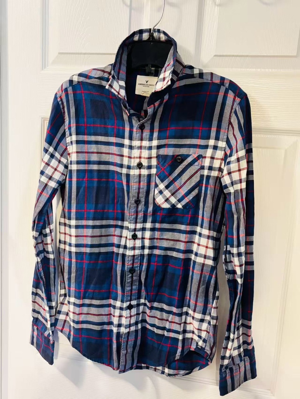 American Eagle Blue,White & Red Plaid Button-Down Shirt XS 100% cotton